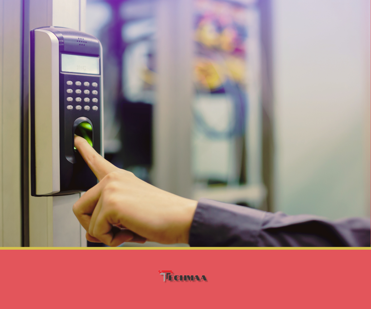 Close-up of a biometric fingerprint scanner with a person placing their finger on the sensor, symbolizing secure and efficient attendance tracking for businesses and educational institutions.