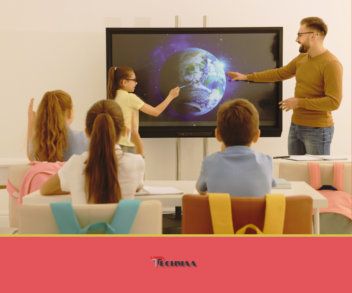 Teacher conducting a class using a Smart Digital Board, enhancing interactive learning in a modern Smart Classroom.