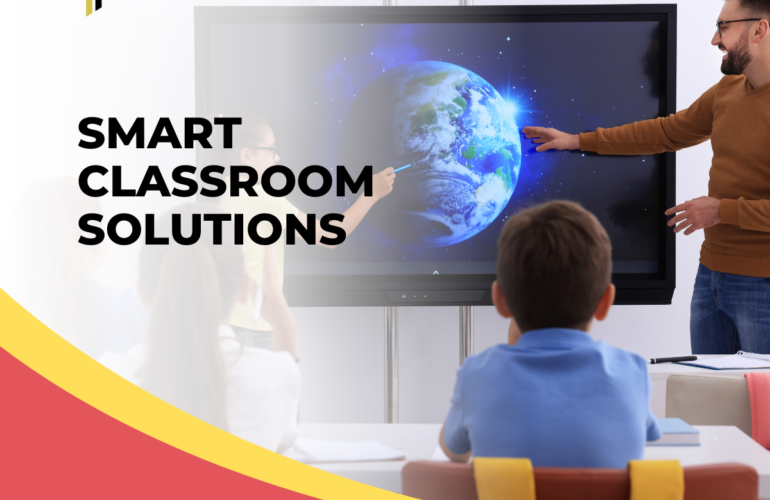Interactive digital whiteboard and projector setup in a modern smart classroom.