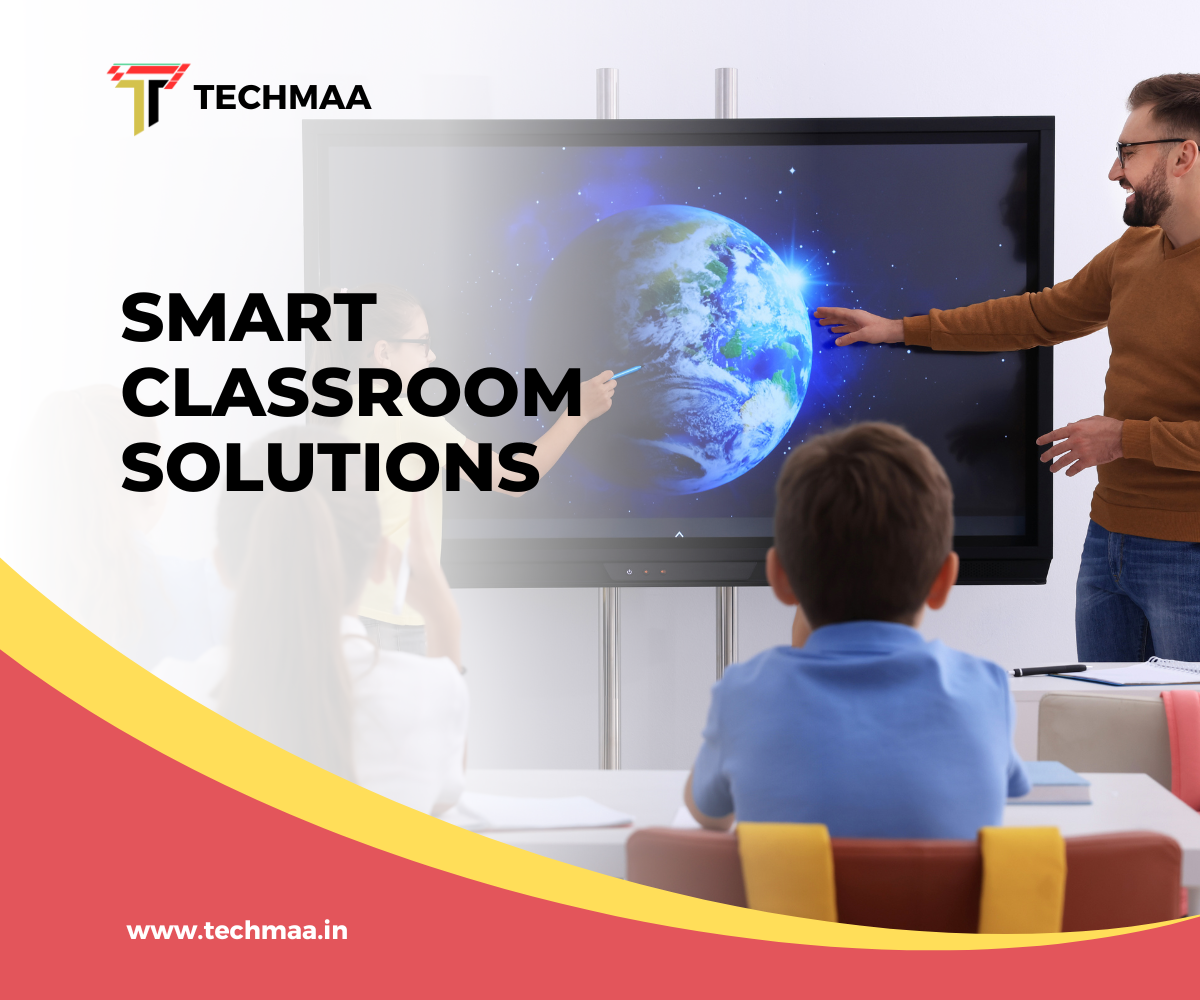 Interactive digital whiteboard and projector setup in a modern smart classroom.