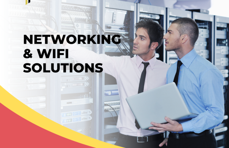 High-speed WiFi router and structured network cabling setup for an office workspace.